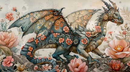 Fototapeta premium A steampunk dragon with floral patterns on its scales and mechanical wings, breathing steam in a floral garden, Steampunk, Watercolor, Soft pastels, Intricate detail