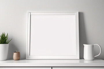 Maqueta de marco de póster de imagen de madera mínima sobre papel tapiz blanco	