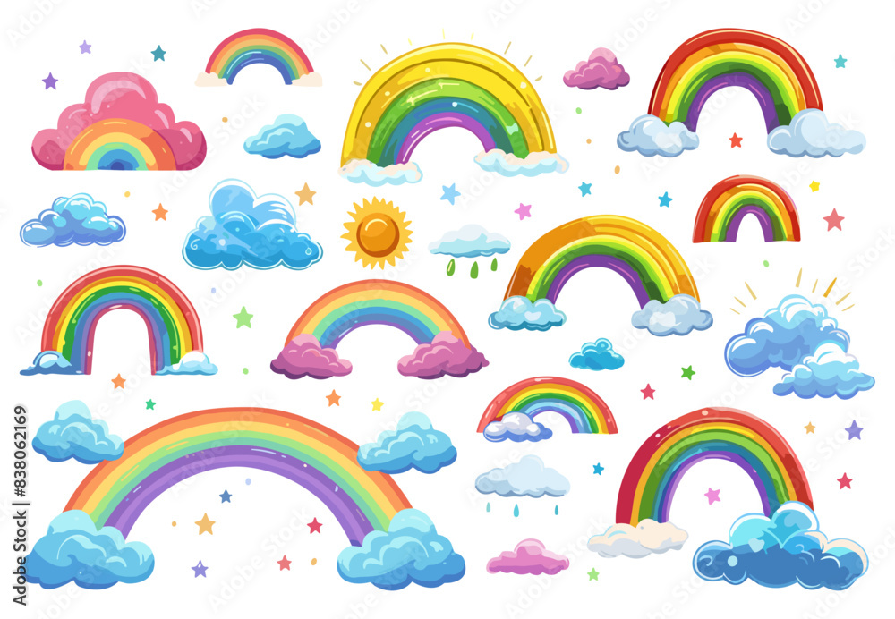 Wall mural Rainbow set. Different cartoon rainbows clouds stars and sun. Weather icons, raindrops and fluffy cloud. Childish bright stickers, vector clipart