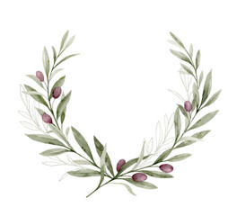 Watercolor vector frame with olive branches and green foliage. Hand painted botanical illustration. Greenery clipart for greeting cards, decoration, invitation, stationery design.