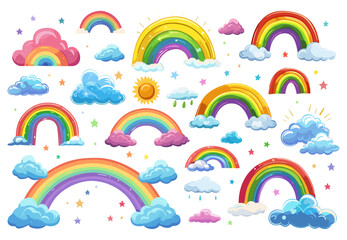Rainbow set. Different cartoon rainbows clouds stars and sun. Weather icons, raindrops and fluffy cloud. Childish bright stickers, vector clipart