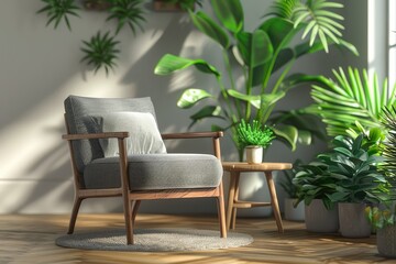 Stylish living room interior. Cozy corner of room for relaxation with gray armchair, wooden coffee table and lush indoor plants to purify the air