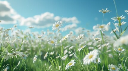 Fototapeta premium Delicate white daisies dancing in a meadow under the clear blue sky of summer.