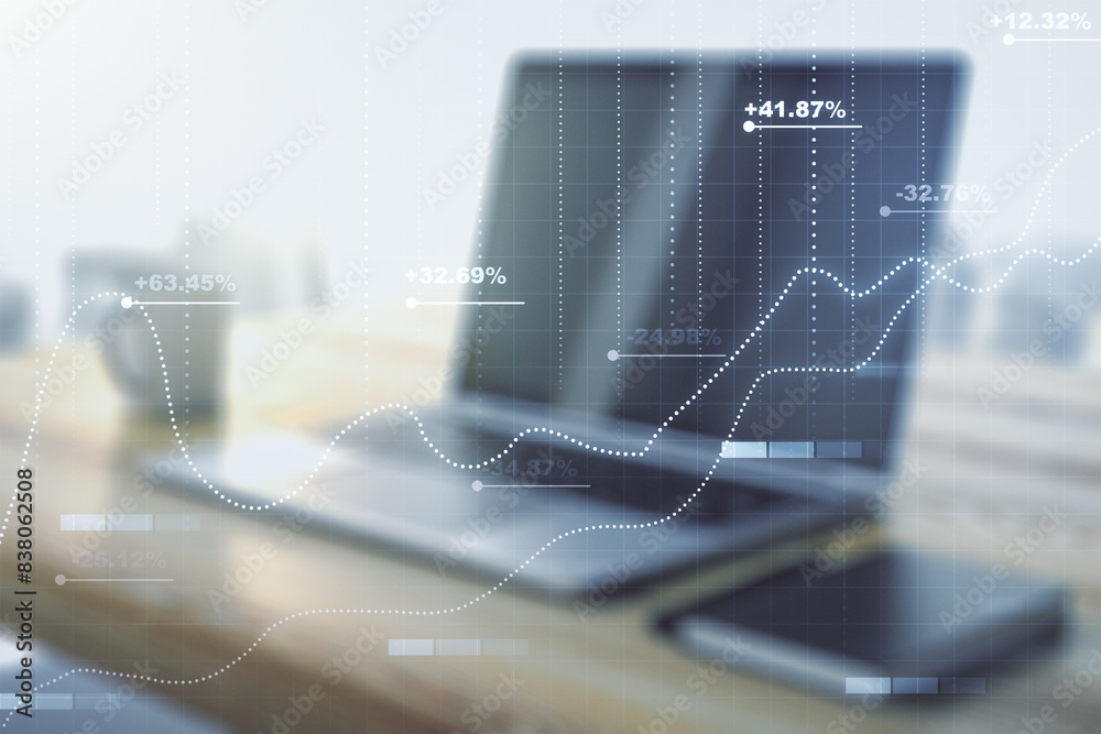 Poster multi exposure of abstract graphic data spreadsheet sketch and modern desktop with pc on background,