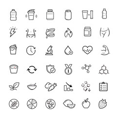 Set icons for energy drink, weight loss,  sport nutrition. The outline icons are well scalable and editable. Contrasting elements are good for different backgrounds. EPS10.	
