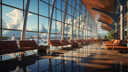 Aircraft on runways at a bustling airport, with planes taking off and landing. The airport operations showcase the coordination and efficiency required to manage air traffic. 