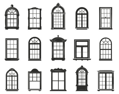 Windows silhouette set. Black window frames collection. Architectural classic home design elements. Decorative buildings details vector clipart