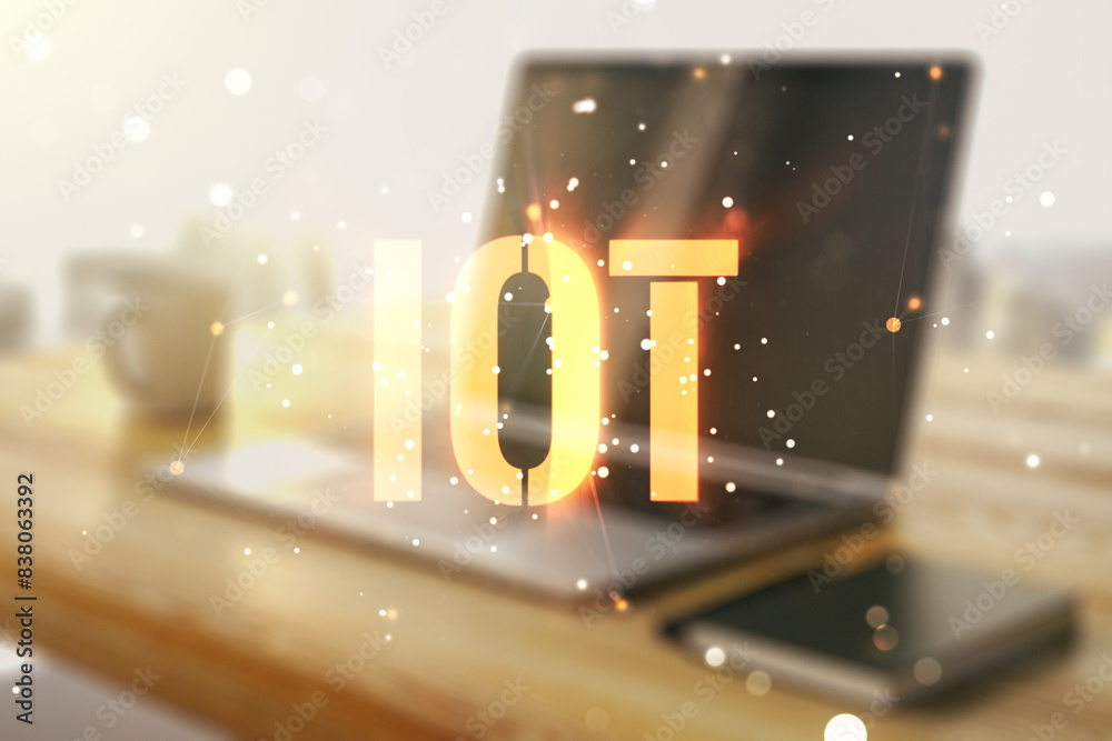Poster Double exposure of creative IOT hologram and modern desktop with laptop on background, research and development concept