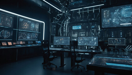 Futuristic laboratory, advanced technology and holographic displays.