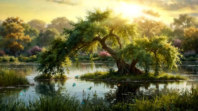 Willow Forest Background with Weeping Branches