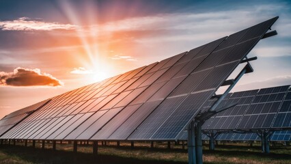 Solar Panels in Sunlit Field Generating Renewable Energy