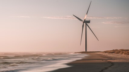 Minimalist Coastal Scene with Wind Turbine at Sunset