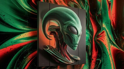 Fototapeta premium Abstract Alien Head Artwork with Vibrant Green and Red Swirls