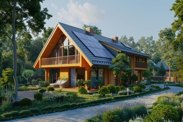 New suburban house with a photovoltaic system on the roof. Modern eco friendly passive house with solar panels on the gable roof