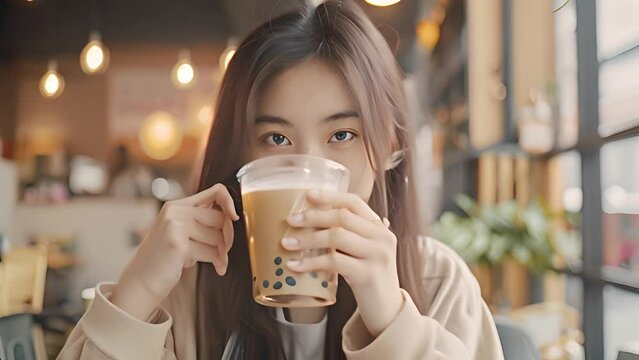 Young Woman Enjoying Bubble Tea in Cafe with Ai generated.
