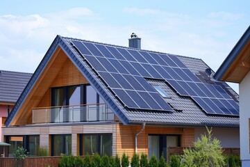 Fototapeta premium New suburban house with a photovoltaic system on the roof. Modern eco friendly passive house with solar panels on the gable roof