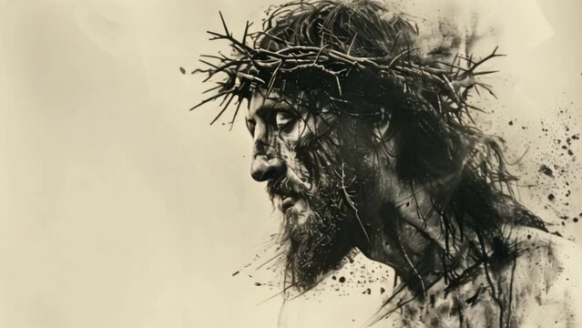 A painting depicting the sacred heart of Jesus Christ, an abstract minimalist ink line art drawing of a side profile of the face of Jesus tattered wearing a crown of thorns