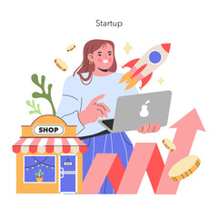 Innovative Startup Launch An entrepreneur with a laptop and rocket symbolizing a soaring start Aspirations and growth are at the heart of this small business Vector illustration
