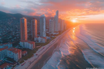 Aerial view of skyscrapers along a beach at sunset.