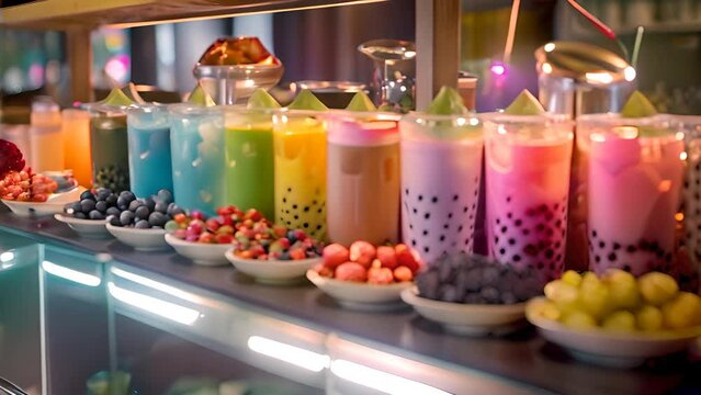 Colorful Bubble Tea Drinks with Fresh Fruits with Ai generated.
