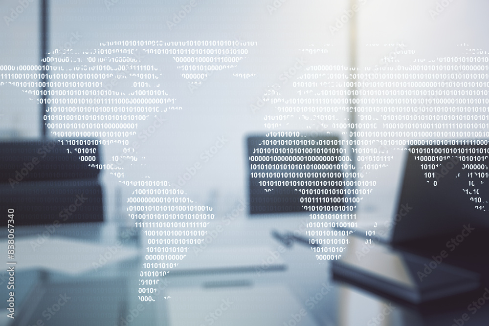 Poster abstract creative world map and modern desktop with computer on background, international trading co