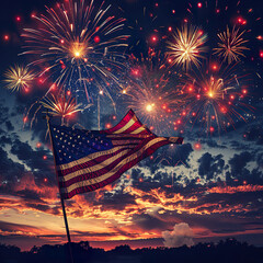 American Flag with Fireworks at Sunset.
