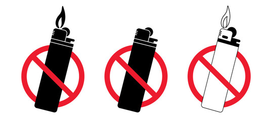 Stop, no entry for plastic gas cigarette lighter icon. Forbid lighters logo. For Flaming cigarette lighter. Pocket light fire symbol or logo. Smokers tools. Cigar, tobacco tool. Forbidden, red circle.