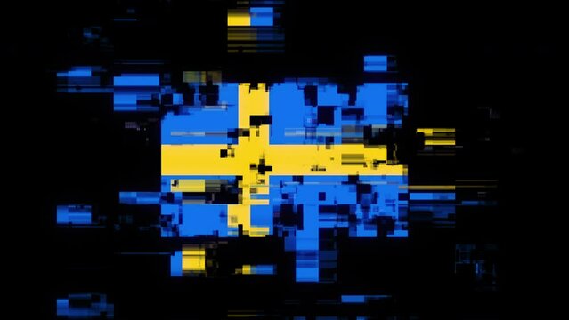 Flag Sweden with screen effects of technological failures. Spectacular screen glitch with various kinds of interference. Looped