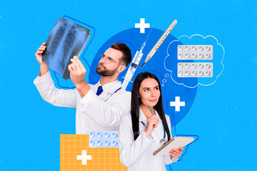Composite photo collage of minded girl doc do recipe covid consultation guy hold xray lungs scan healthcare isolated on painted background