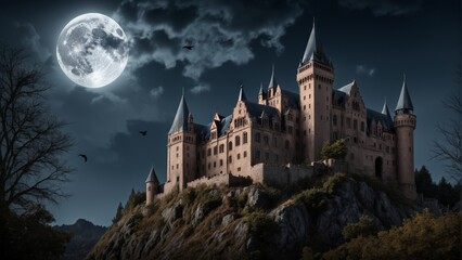Fototapeta premium an ancient huge castle stands on a hill on a moonlit night against the backdrop of a huge moon