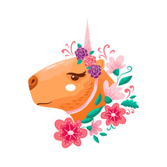 Cute capybara unicorn with flowers. For printing on T-shirt and paper. Vector illustration. Vector illustration
