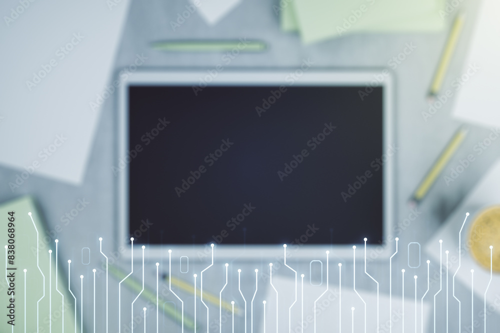 Aufkleber creative concept of microscheme illustration and modern digital tablet on background, top view. big 