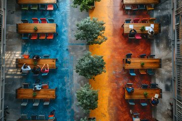 Aerial view of outdoor cafe terrace with colorful chairs and tables