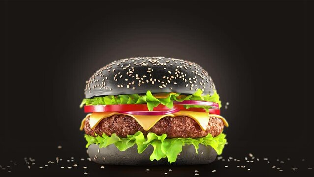 Burger rotating beef, bun, vegetables slow motion, depth of field