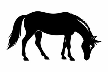 Obraz premium Black silhouette of a grazing horse isolated on a white background. Concept of a wild animal illustration, minimalist style, equine art. Print, icon, logo, template, pictogram, element for design