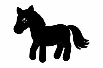 Fototapeta premium Black silhouette of a toy horse isolated on a white background. Concept of foal, wild animal illustration, cartoon style, cute pony. Print, icon, logo, template, pictogram, element for design