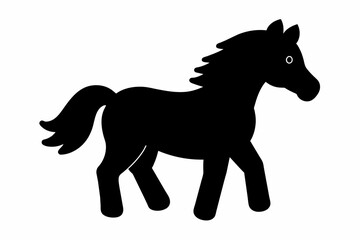 Fototapeta premium Black silhouette of a toy horse isolated on a white background. Concept of foal, wild animal illustration, cartoon style, cute pony. Print, icon, logo, template, pictogram, element for design