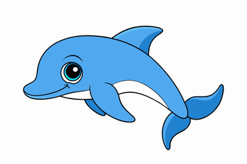 Fototapeta premium Cute cartoon dolphin illustration isolated on white background. Concept of marine life, happy dolphin, childrens art, aquatic animal illustration. Print, icon, logo, template for design.