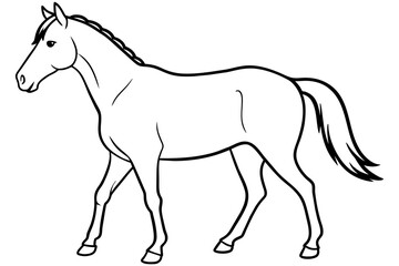 Obraz premium Black and white outline of a horse isolated on a white background. Concept of a wild animal illustration, minimalist style, equestrian theme. Print, icon, logo, element for design. Coloring book.