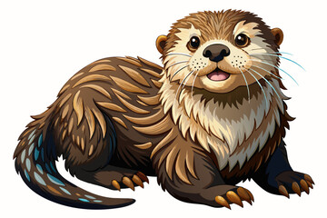 Naklejka premium Cute brown sea otter with four paws isolated on white background. Adorable otter illustration. Concept of wildlife, aquatic animal, nature art. Print, icon, logo, design element.