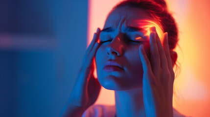 A woman is holding her head in her hands, looking at the camera. The image has a mood of frustration and exhaustion