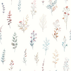 Vector floral seamless pattern with wild flowers, herbs and grasses. Pastel colors on white background. Delicate field flower and herb illustration.