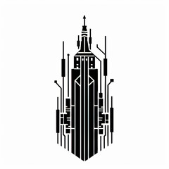 An abstract black-and-white logo featuring a circuit board design forming the outline of a skyscraper, symbolizing technology, connectivity, and New York City's urban environment.