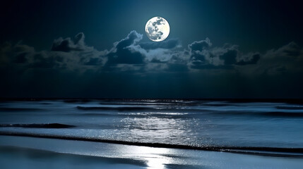A full moon shines brightly in the night sky, casting its silver light onto tranquil waters of an ocean.