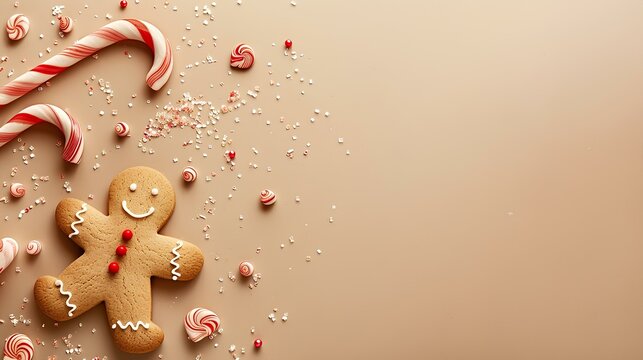 Festive background featuring a gingerbread man and candy canes on a warm beige backdrop.