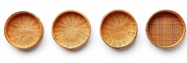 Collection of decorative rattan trays on white background