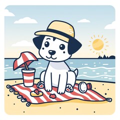 Naklejka premium Cute cartoon dog wearing a hat enjoying a day at the beach. The dog is sitting on a beach towel with a drink, sunglasses and coconut.