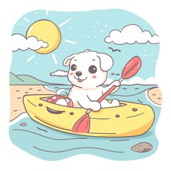 Naklejka premium A cute cartoon dog paddles a yellow kayak on a sunny day. The dog is smiling and has a life preserver nearby.