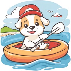Naklejka premium A cute cartoon dog wearing a red cap paddles a small inflatable boat on the ocean.