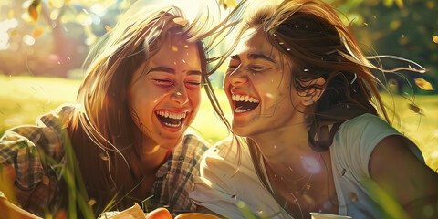 Two friends share a laugh while enjoying their picnic in the park, the wind playing with their hair and lifting their spirits
